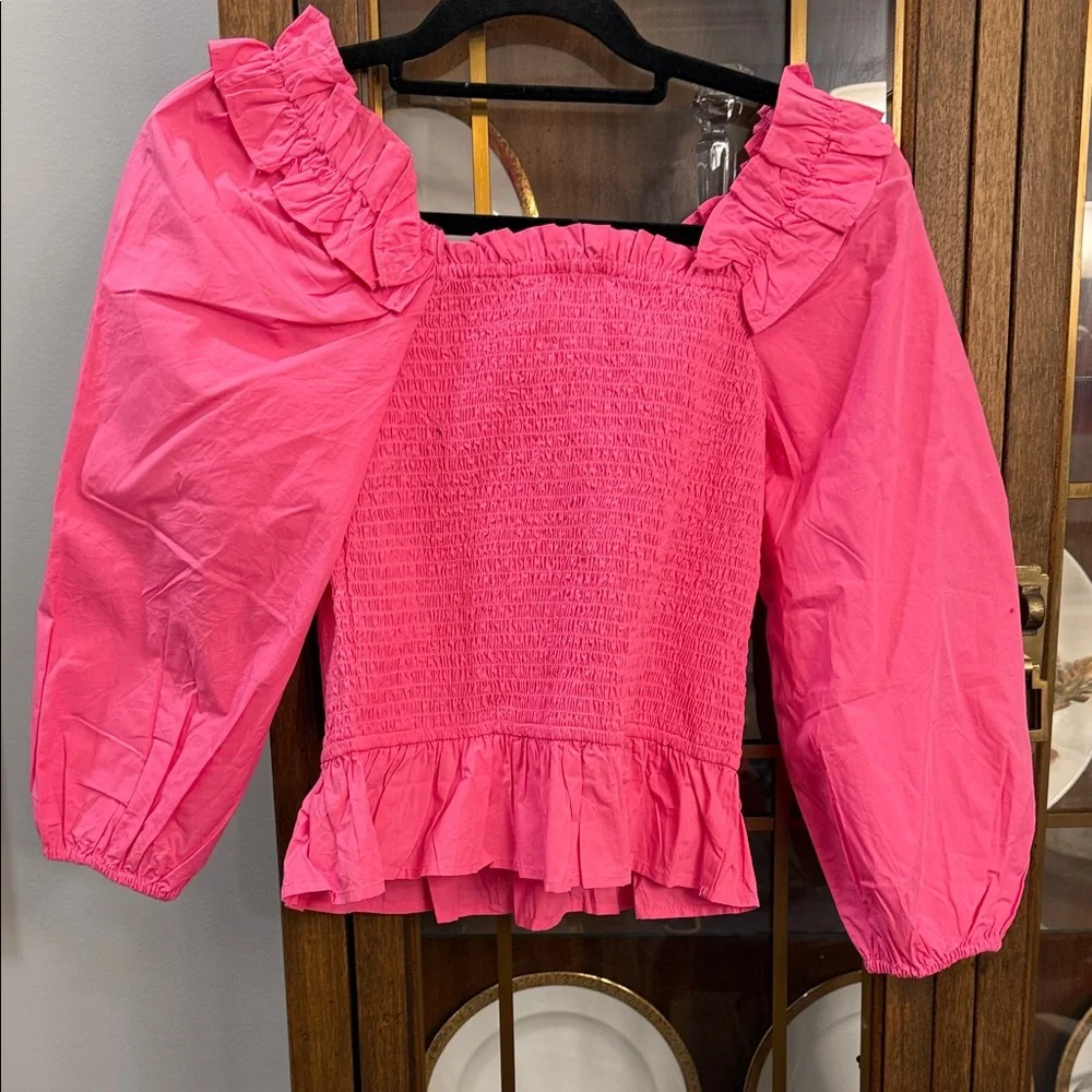 The Drop Smocked Square-Neck Ruffle Puff-Sleeve Blouse in Hot Pink - Picture 7 of 9